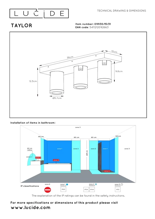 Lucide TAYLOR - Plafondspot Badkamer - LED Dim to warm - GU10 - 3x5W 2200K/3000K - IP44 - Wit - technisch
